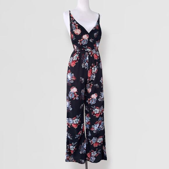 Boho Black Wide Leg Jumpsuit Floral Whimsygoth Plunge V-Neck Festival One Piece - Picture 1 of 9